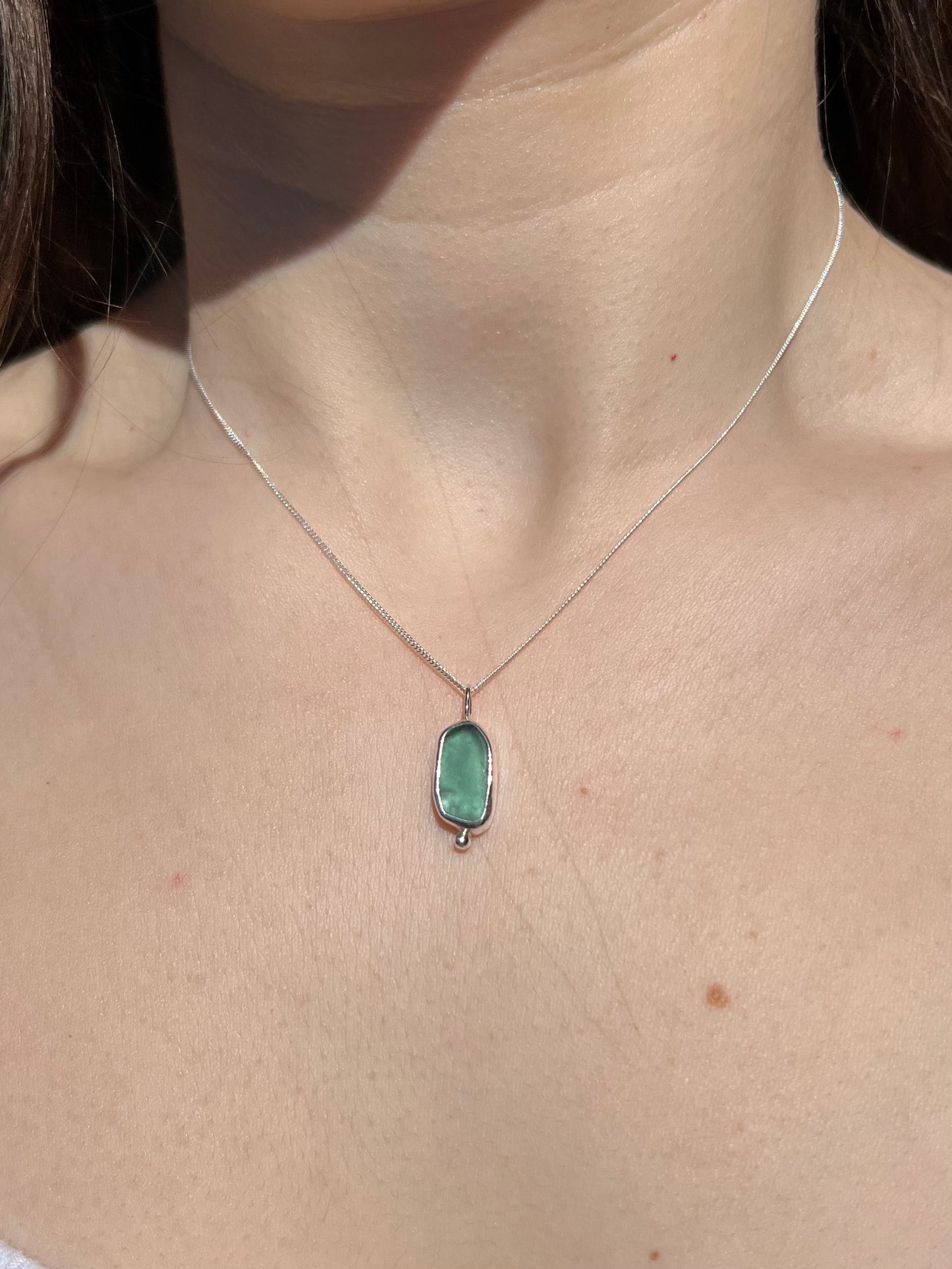 Petrol-colored Sea Glass Necklace in Silver