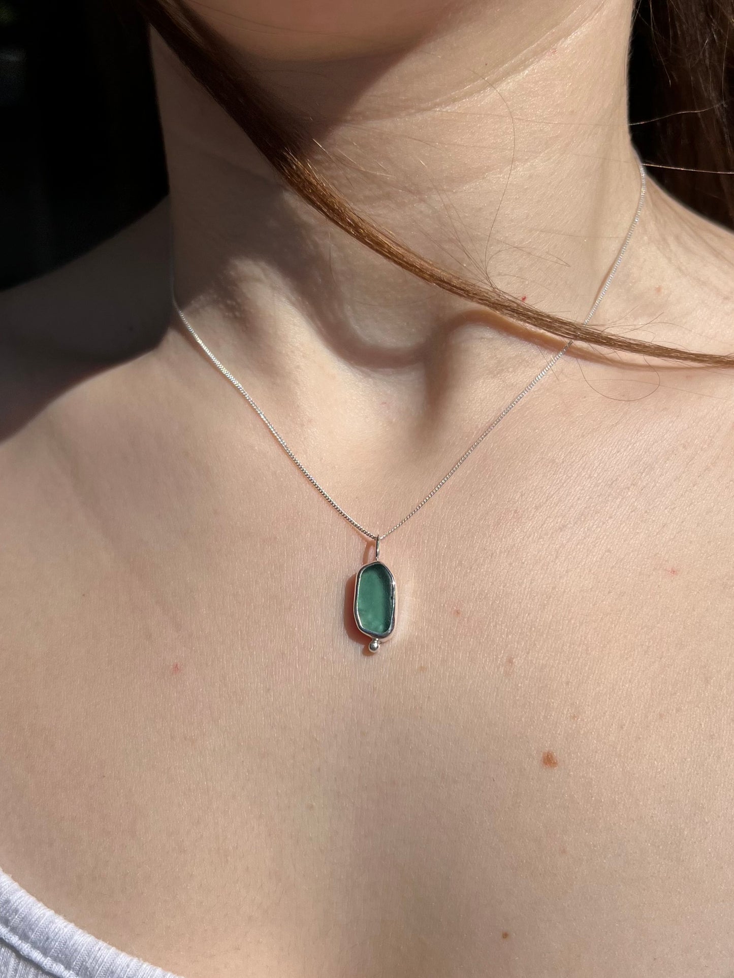 Petrol-colored Sea Glass Necklace in Silver