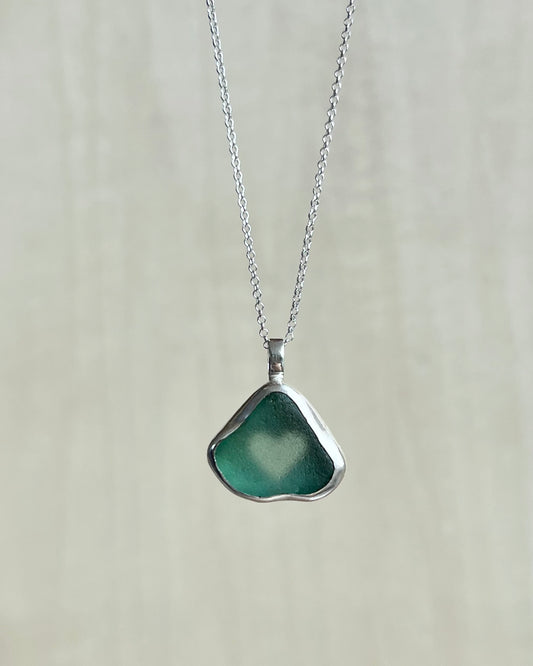 Teal Sea Glass Necklace with Silver Heart-Shaped Cutout