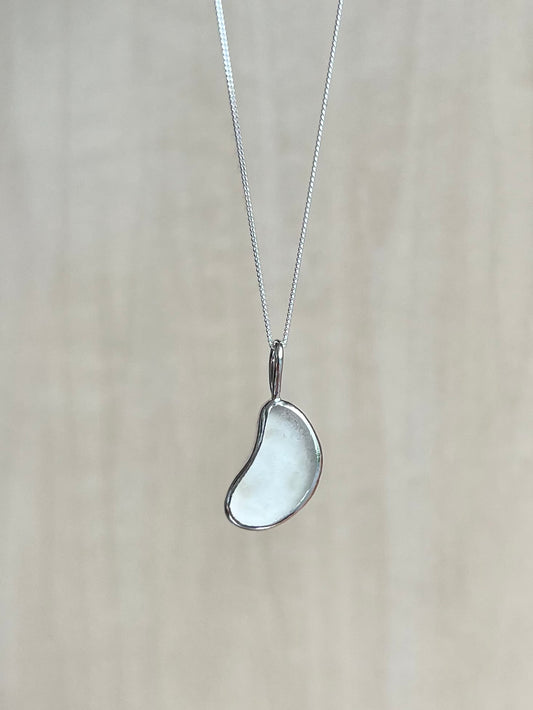 White Sea Glass Necklace in Silver (moon-shaped)