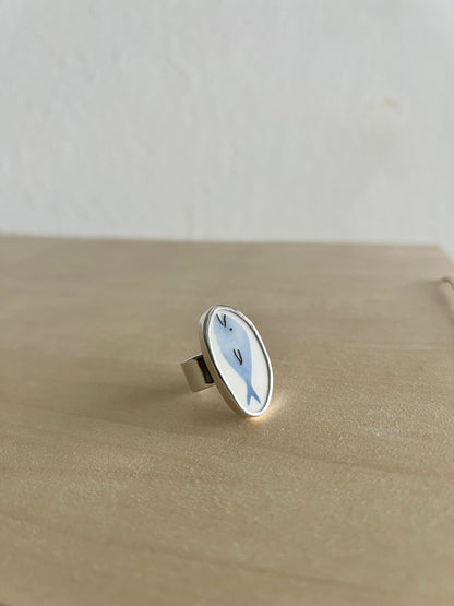Fisch Statement-Ring / Keramikscherbe in Silber / (Größe 55,5/7,5)