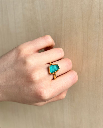 Hellblauer Meerglas Ring aus Silber, VERGOLDET / Größe 55 (7)